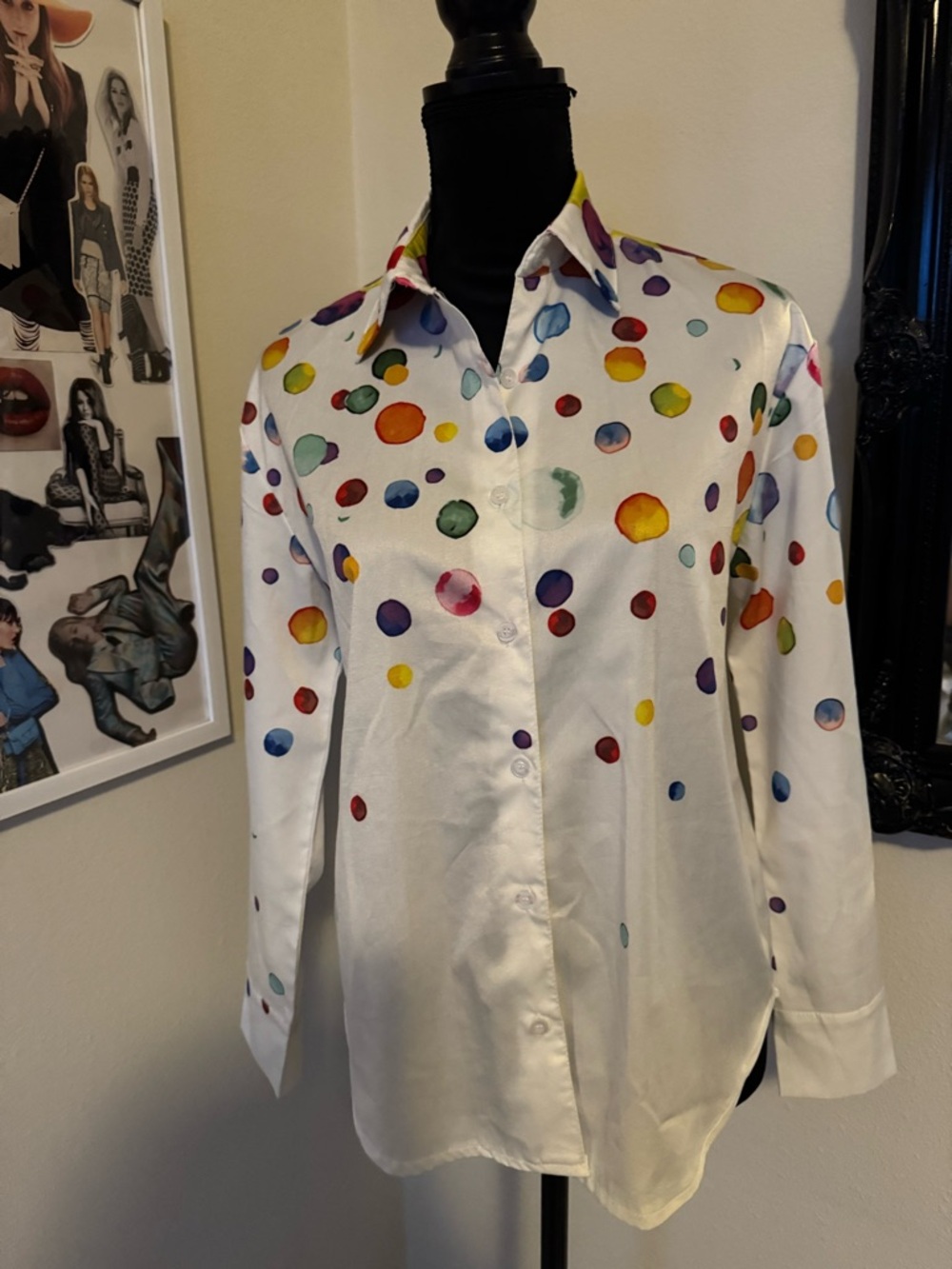 White Button-Down Shirt with Multicolor Watercolor Dots